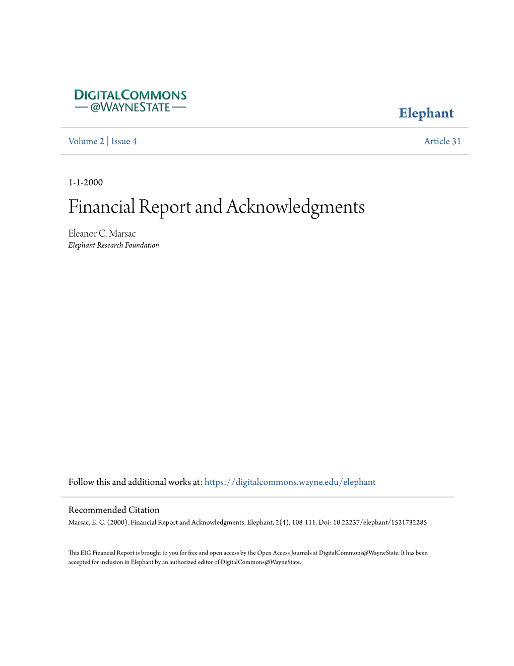 Financial Report and Acknowledgments Eleanor C