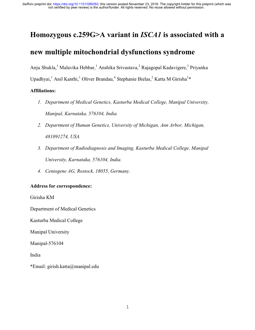 Homozygous C.259G&gt;A Variant in ISCA1 Is Associated with a New Multiple Mitochondrial Dysfunctions Syndrome