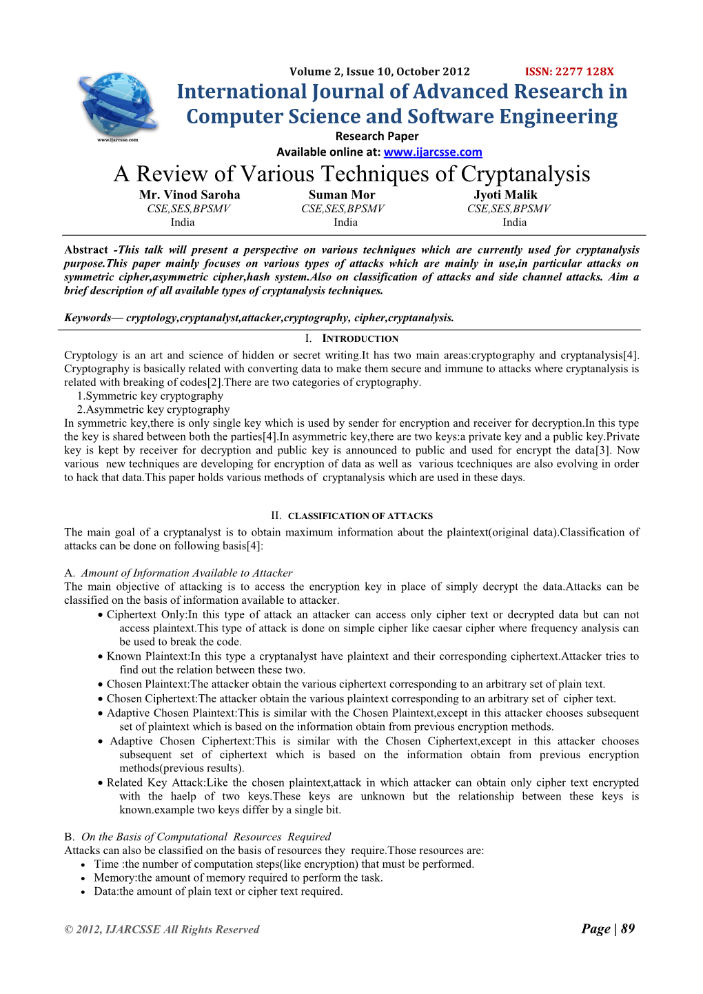 A Review of Various Techniques of Cryptanalysis Mr