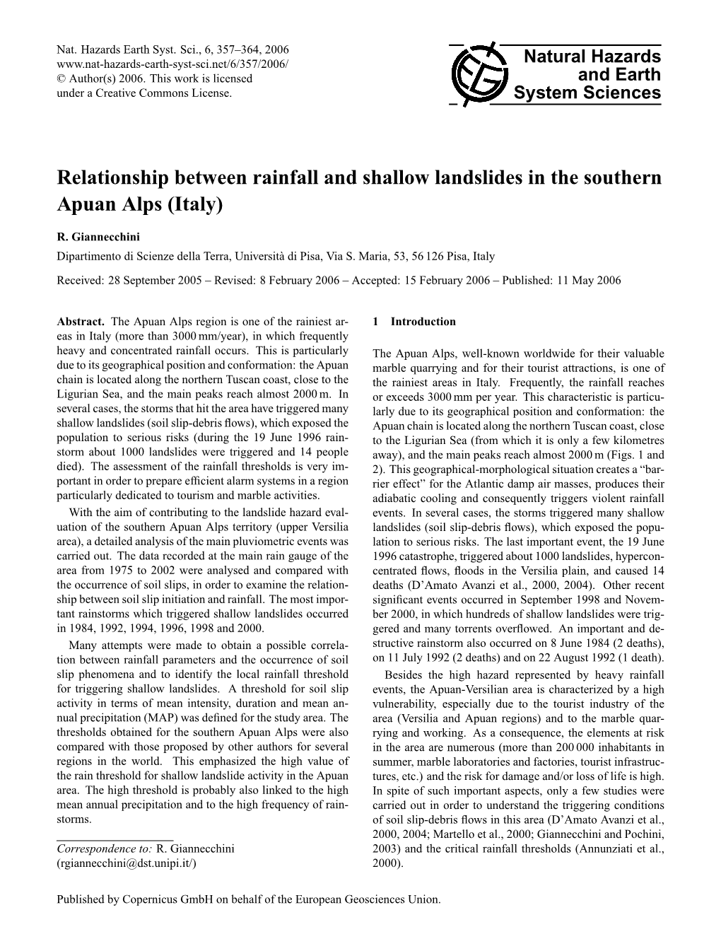 Relationship Between Rainfall and Shallow Landslides in the Southern Apuan Alps (Italy)