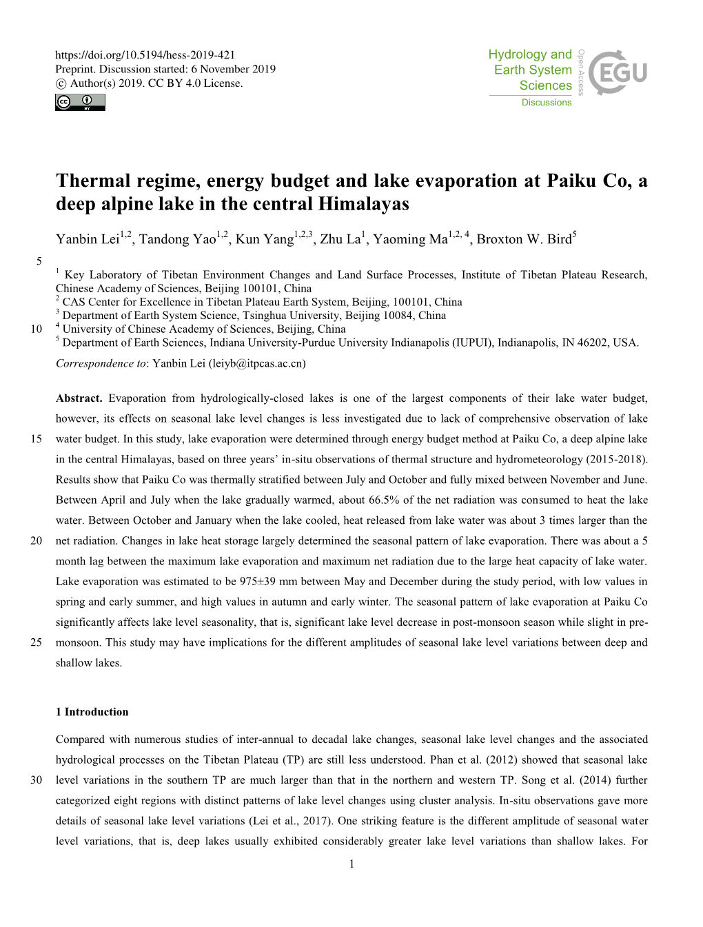 Thermal Regime, Energy Budget and Lake Evaporation at Paiku Co, a Deep Alpine Lake in the Central Himalayas