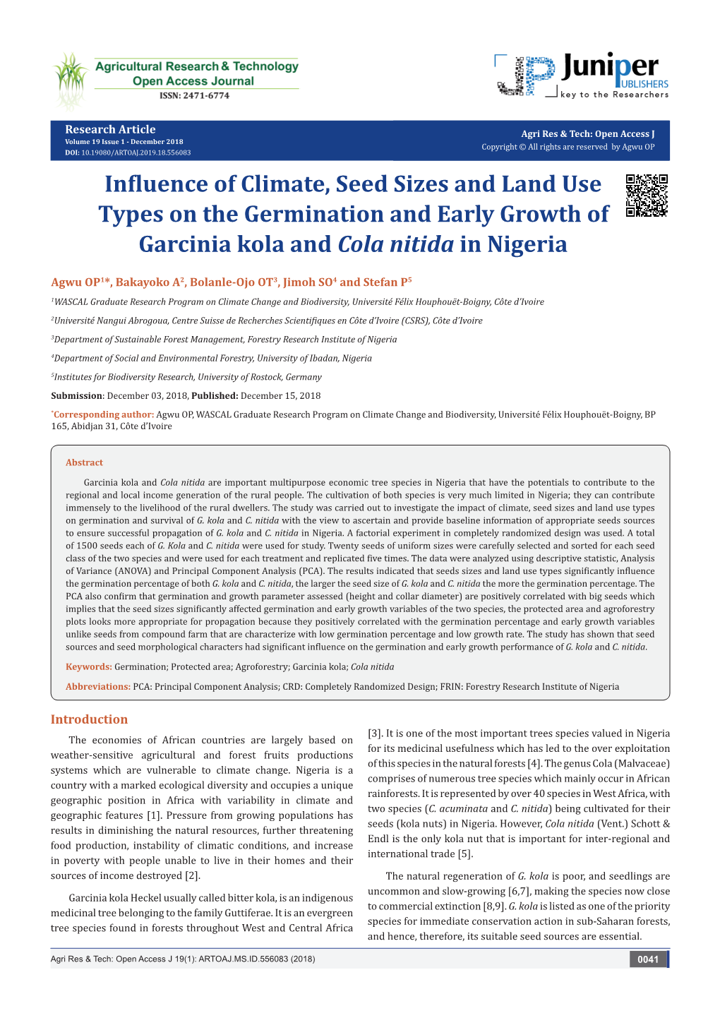 Influence of Climate, Seed Sizes and Land Use Types on the Germination and Early Growth of Garcinia Kola and Cola Nitida in Nigeria