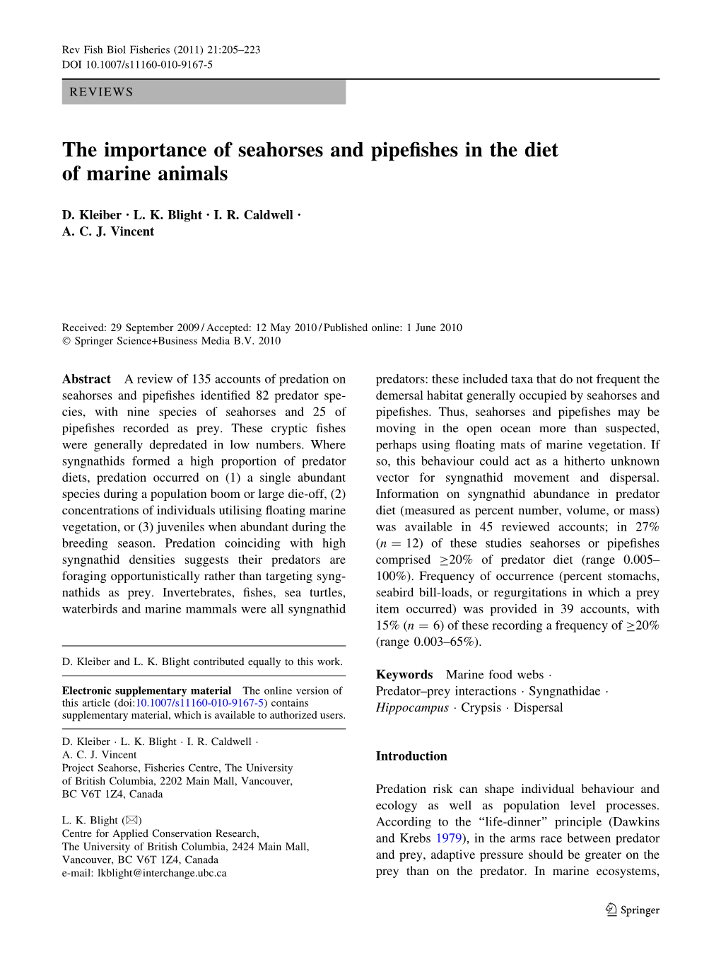 The Importance of Seahorses and Pipefishes in the Diet of Marine