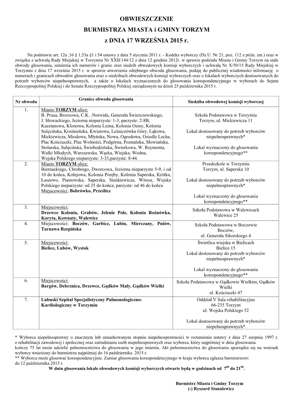 OBWIESZCZENIE BURMISTRZA MIASTA I GMINY TORZYM Z DNIA 17 WRZEŚNIA 2015 R