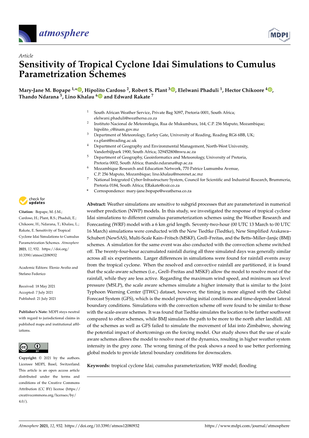 Sensitivity of Tropical Cyclone Idai Simulations to Cumulus Parametrization Schemes