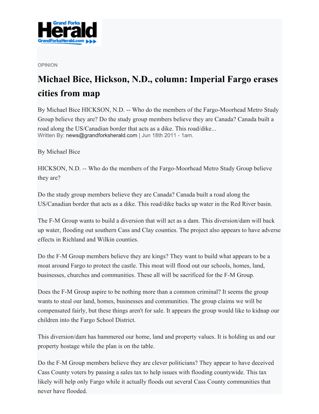 Michael Bice, Hickson, N.D., Column: Imperial Fargo Erases Cities from Map