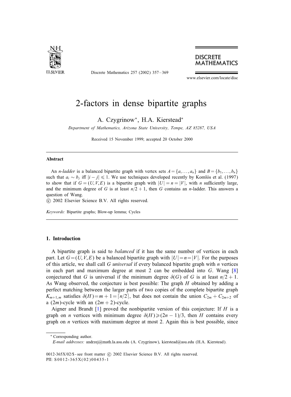 2-Factors in Dense Bipartite Graphs