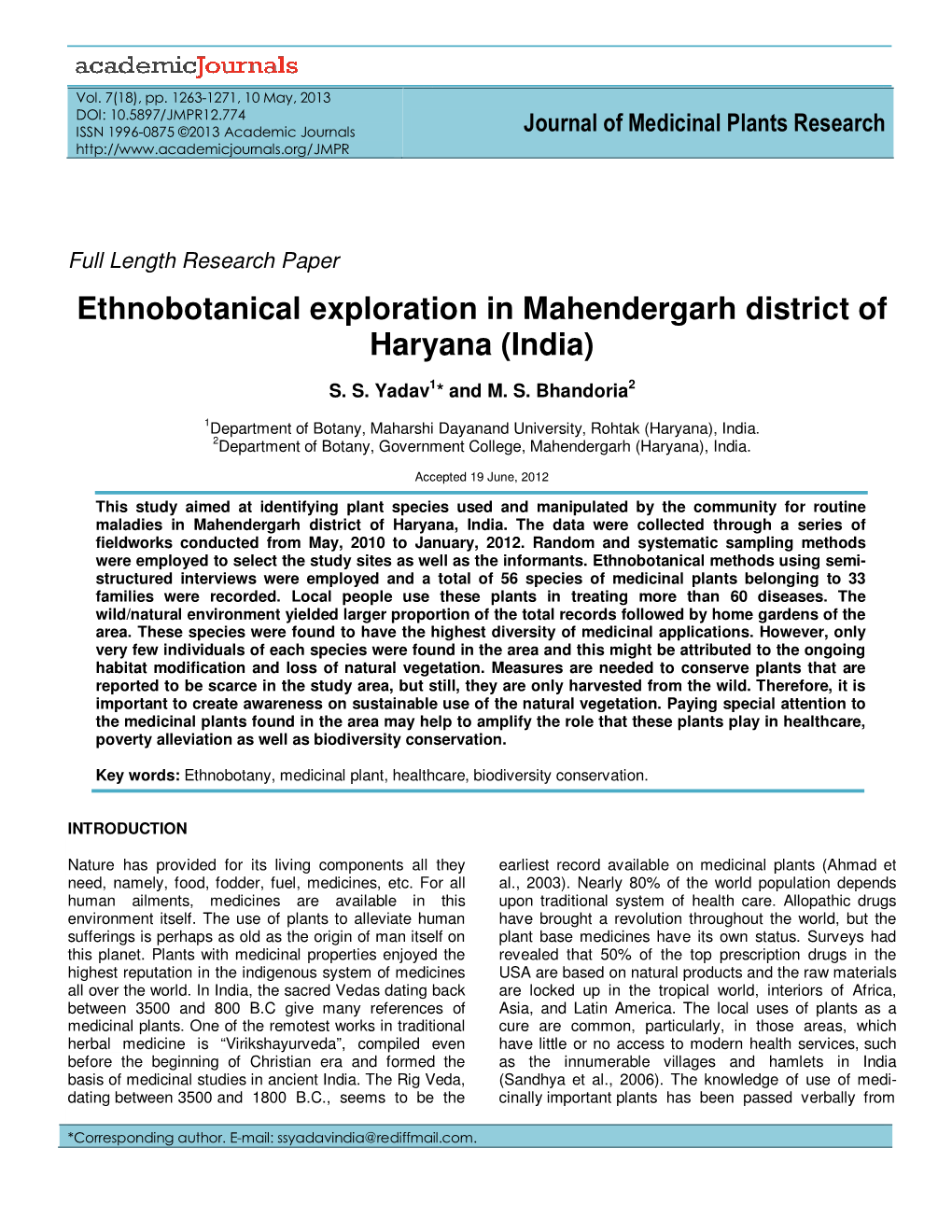 Ethnobotanical Exploration in Mahendergarh District of Haryana (India)