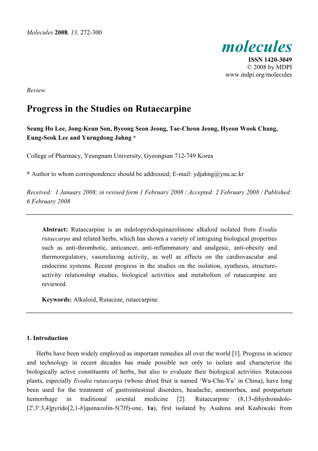 Progress in the Studies on Rutaecarpine