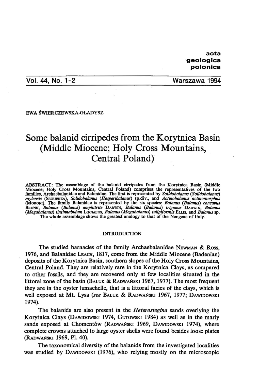 Some Balanid Cirripedes from the Korytnica Basin (Middle Miocene; Holy Cross Mountains, Central Poland)