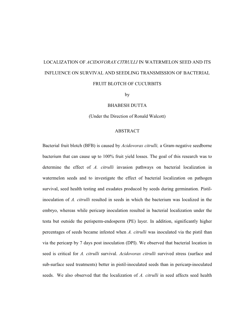 Localization of Acidovorax Citrulli in Watermelon Seed and Its