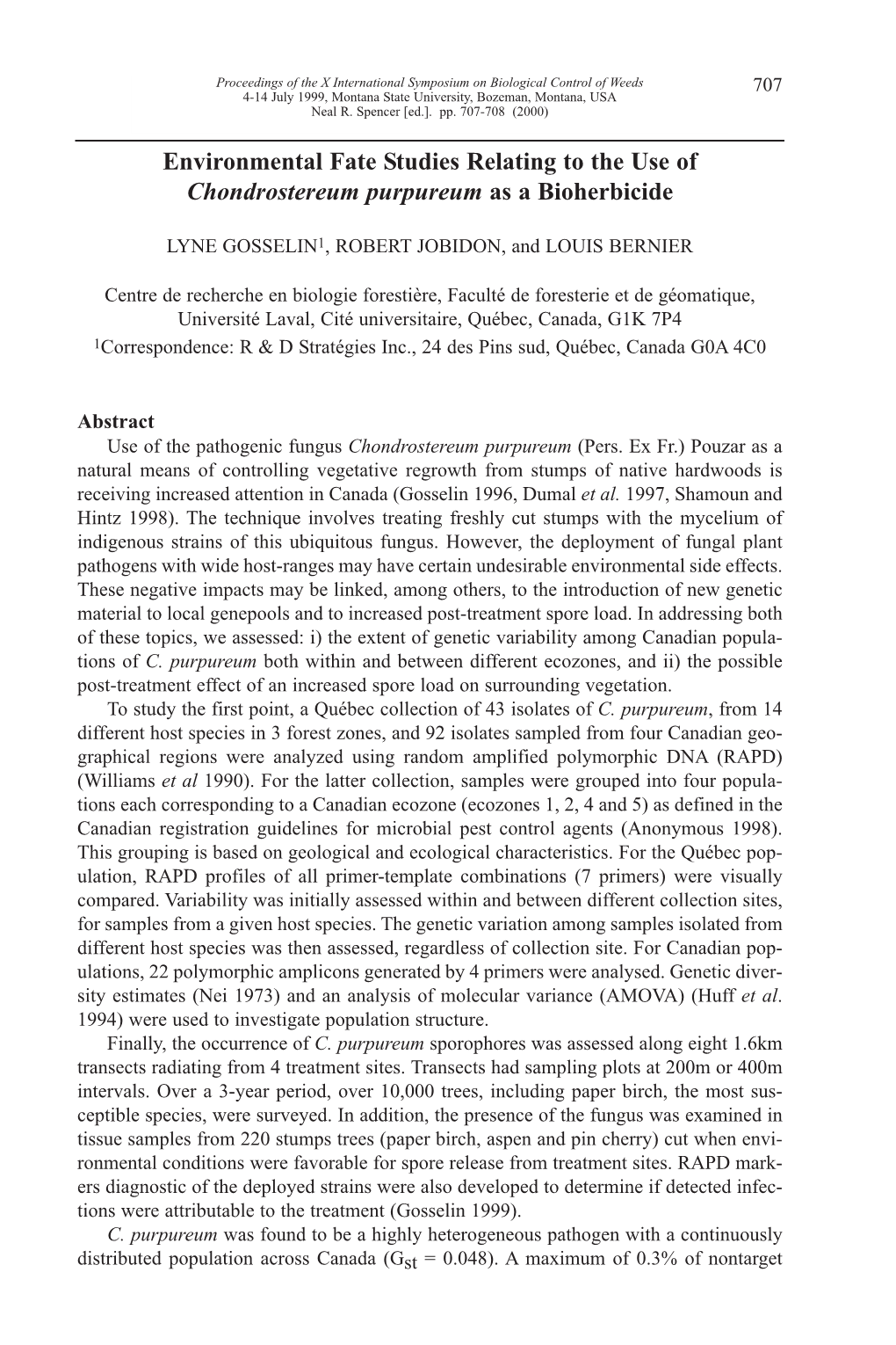 Environmental Fate Studies Relating to the Use of Chondrostereum Purpureum As a Bioherbicide