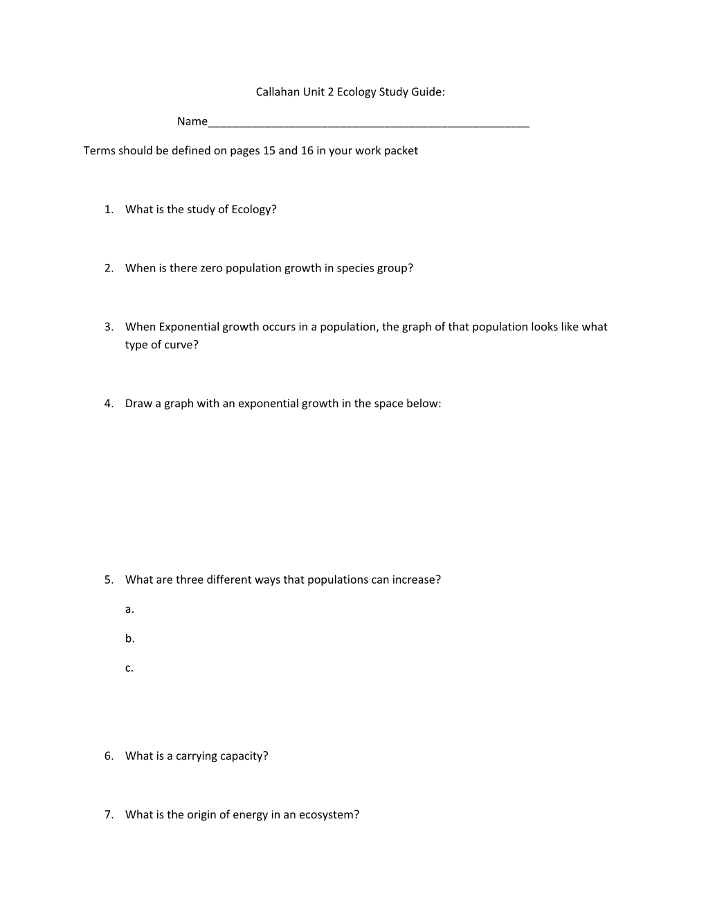 Callahan Unit 2 Ecology Study Guide