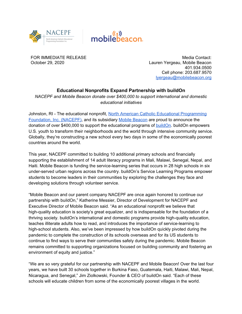 Educational Nonprofits Expand Partnership with Buildon NACEPF and Mobile Beacon Donate Over $400,000 to Support International and Domestic Educational Initiatives