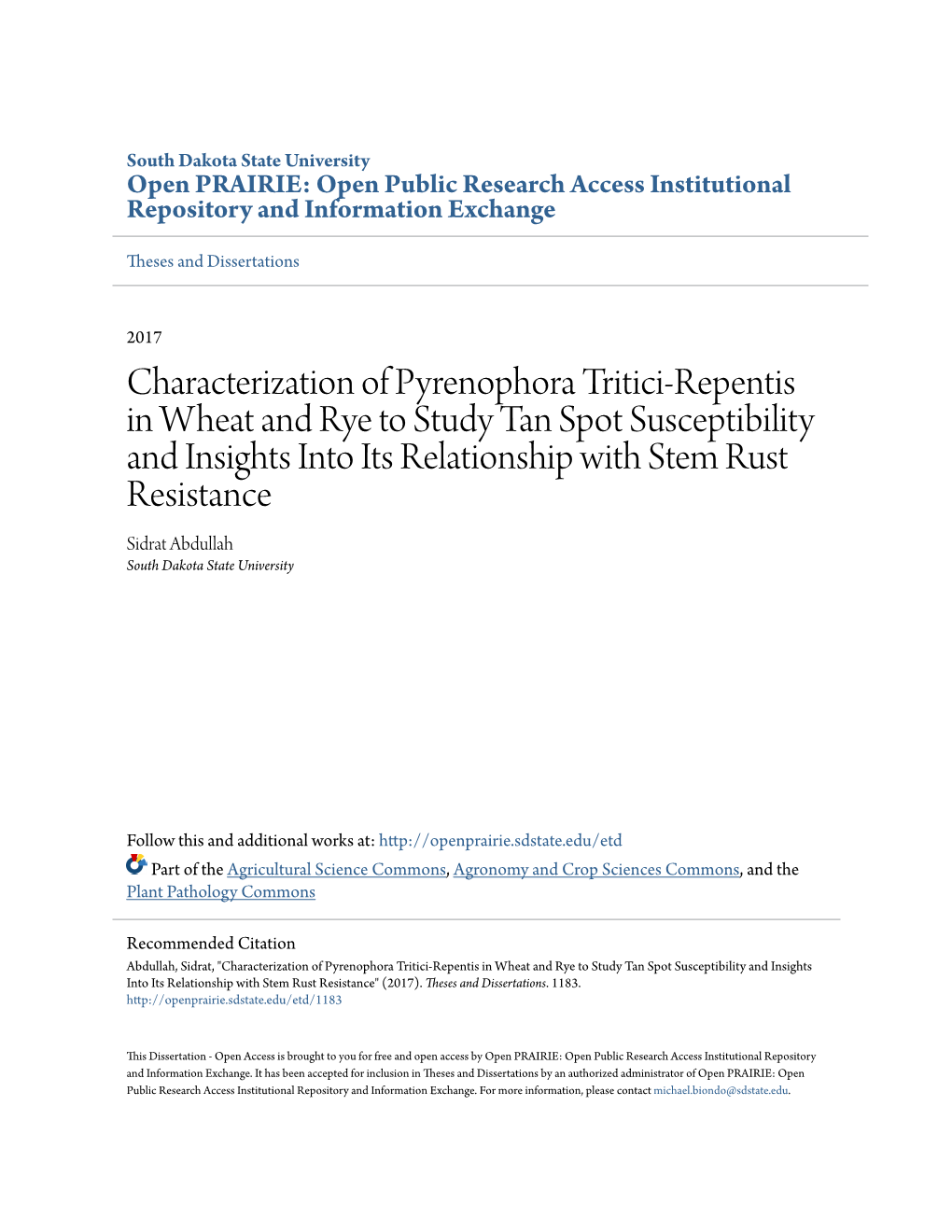 Characterization of Pyrenophora Tritici-Repentis In