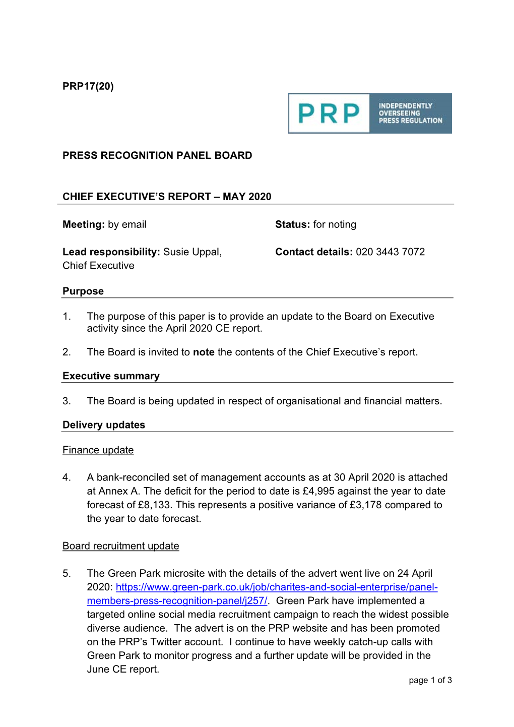 Chief Executive's Report May 2020
