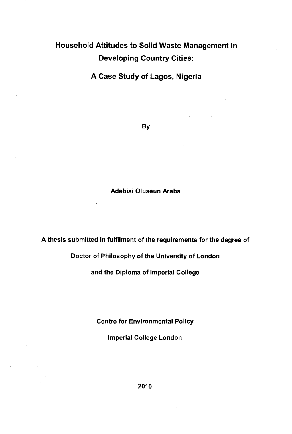 Household Attitudes to Solid Waste Management in Developing Country Cities: a Case Study of Lagos, Nigeria