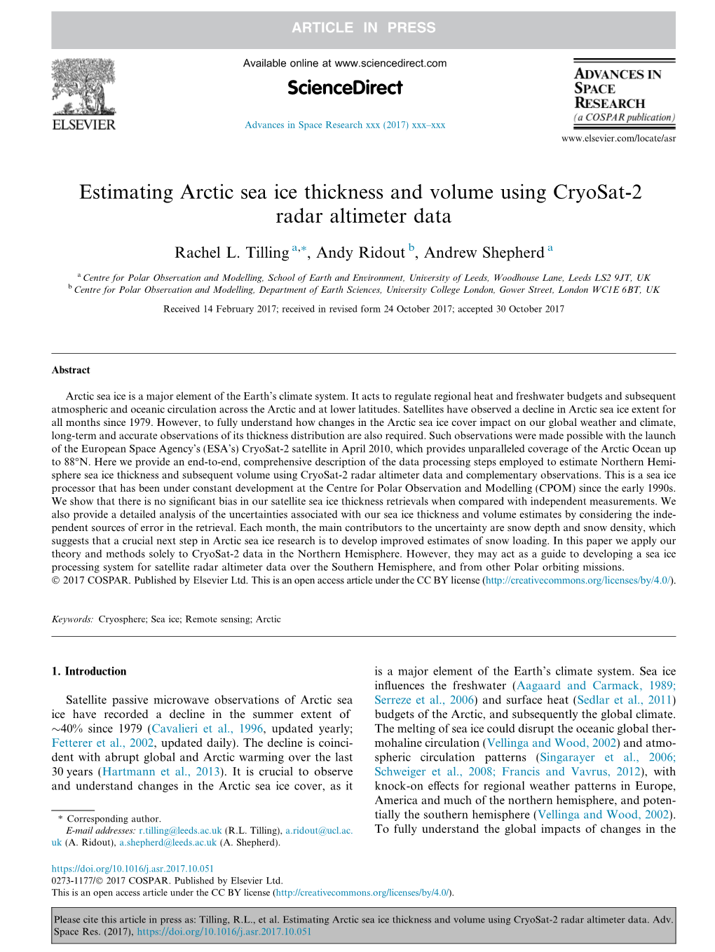 Estimating Arctic Sea Ice Thickness and Volume Using Cryosat-2 Radar Altimeter Data