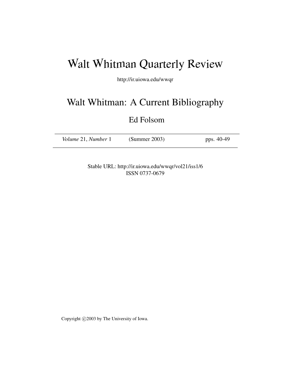 Walt Whitman Quarterly Review