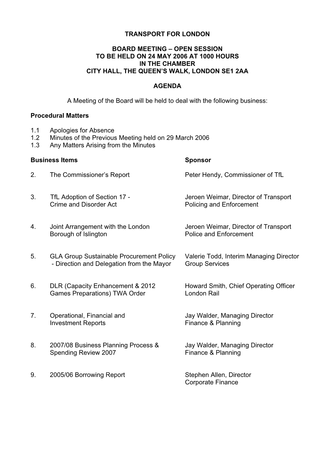 Transport for London Board Meeting – Open Session to Be