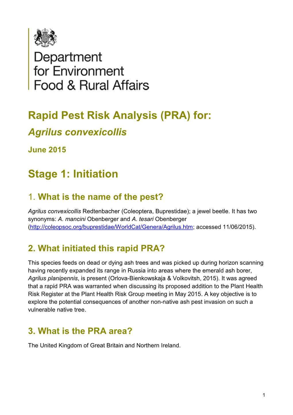 Rapid Pest Risk Analysis (PRA) For: Stage 1: Initiation