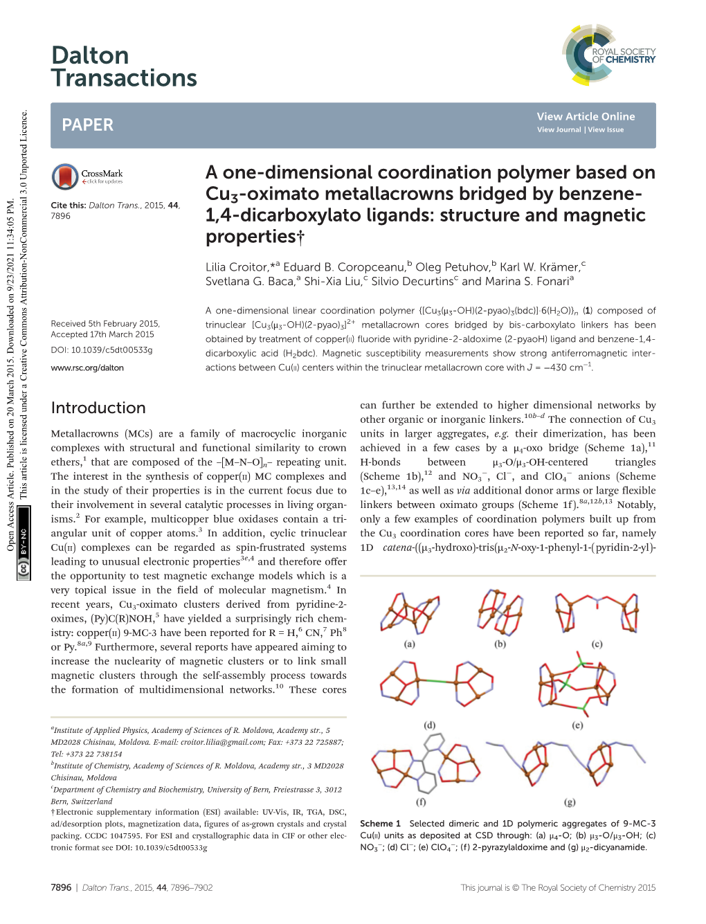 A One-Dimensional Coordination Polymer Based on Cu 3-Oximato