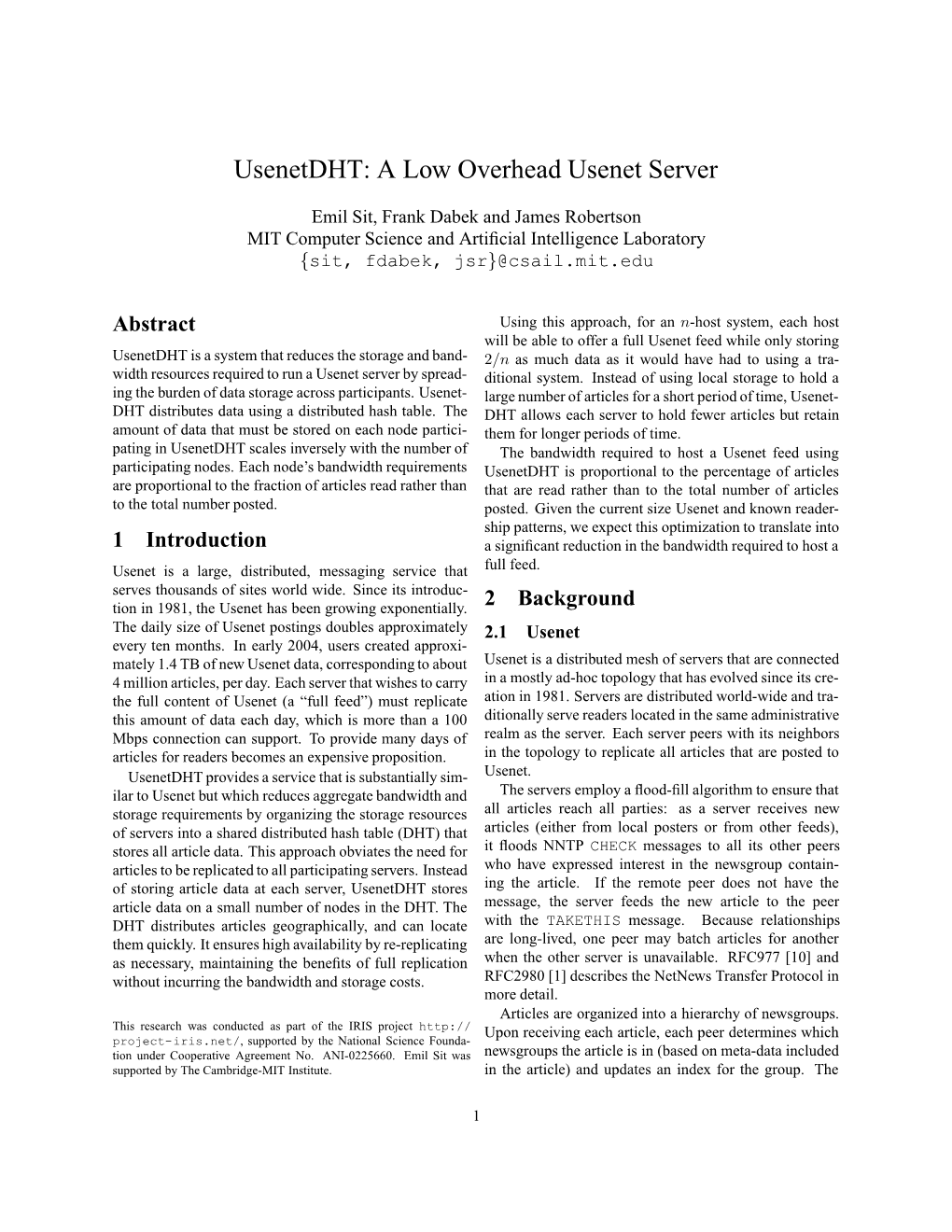 Usenetdht: a Low Overhead Usenet Server