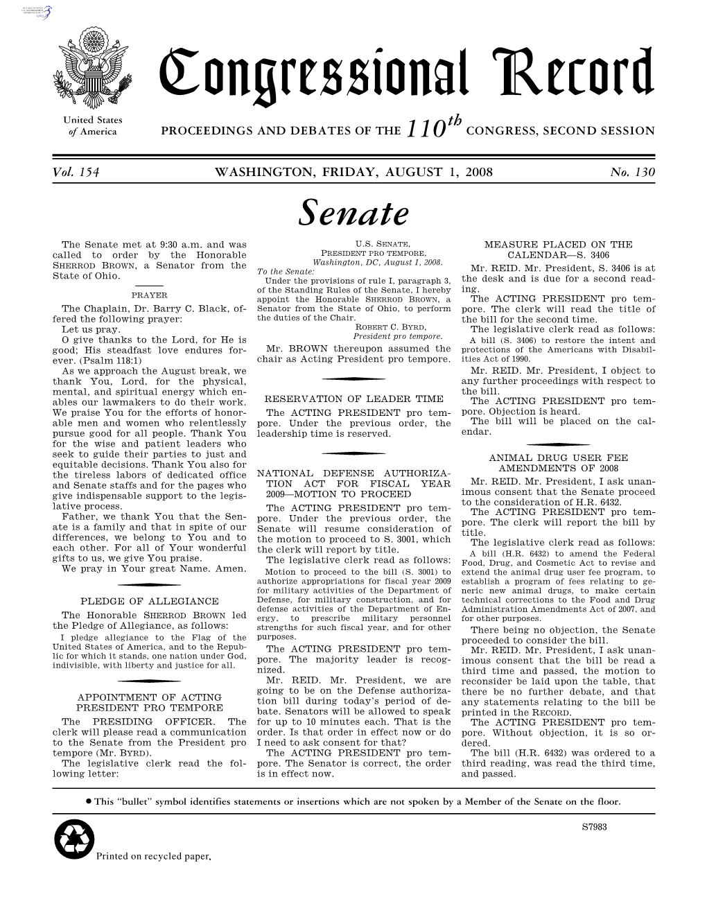 Congressional Record United States Th of America PROCEEDINGS and DEBATES of the 110 CONGRESS, SECOND SESSION