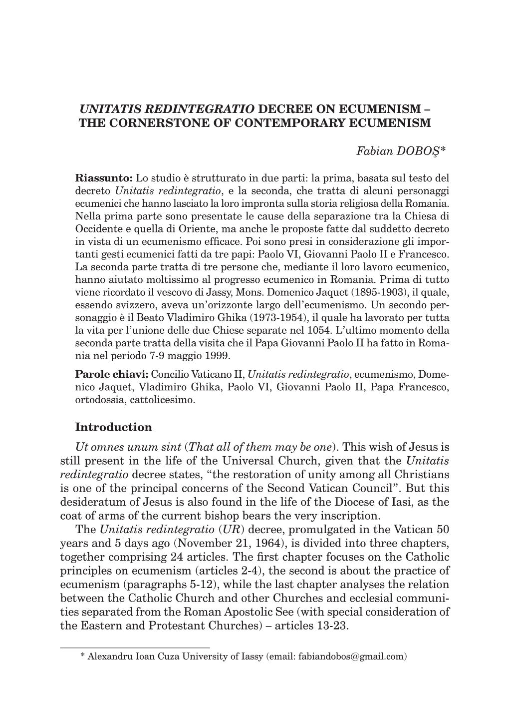Unitatis Redintegratio Decree on Ecumenism – the Cornerstone of Contemporary Ecumenism