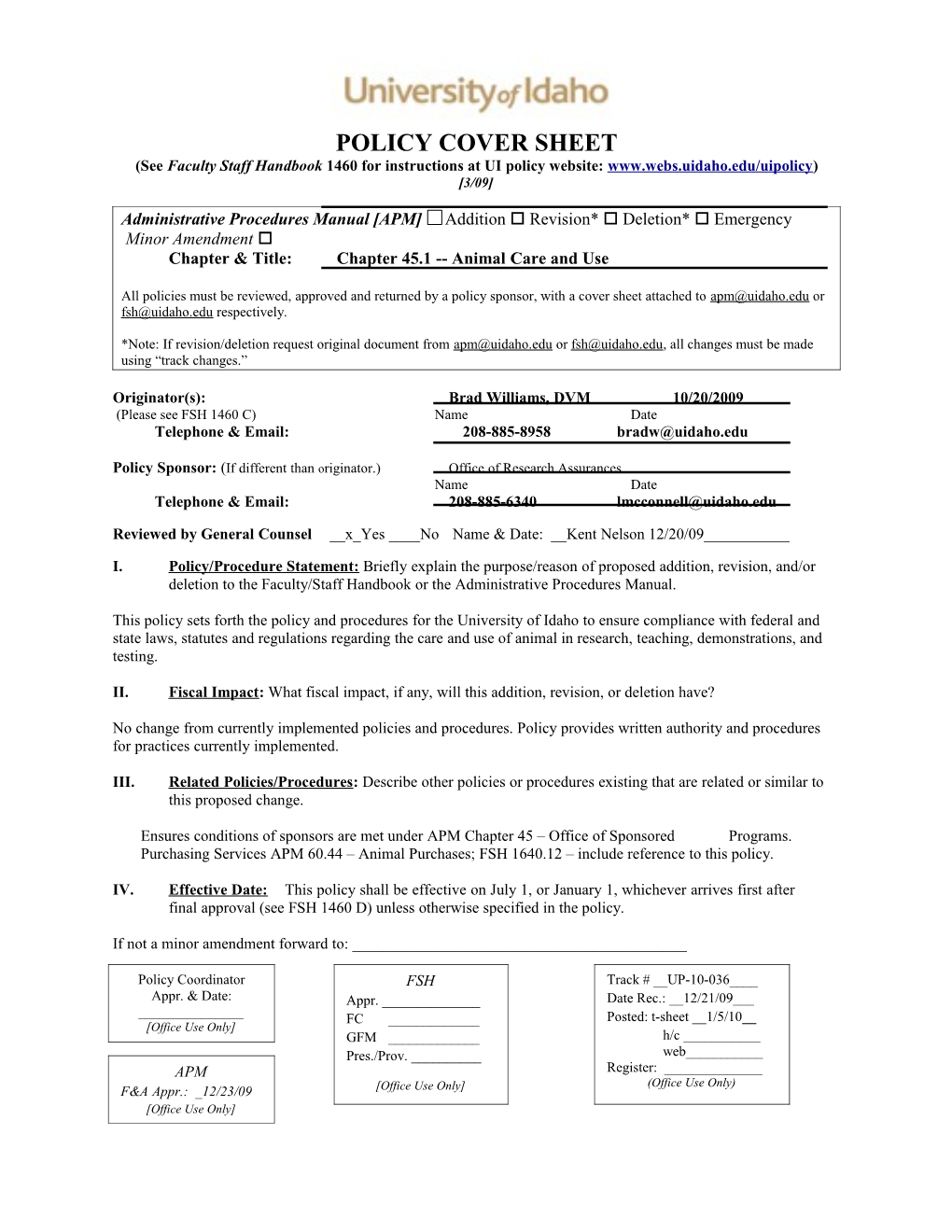 Policy Cover Sheet