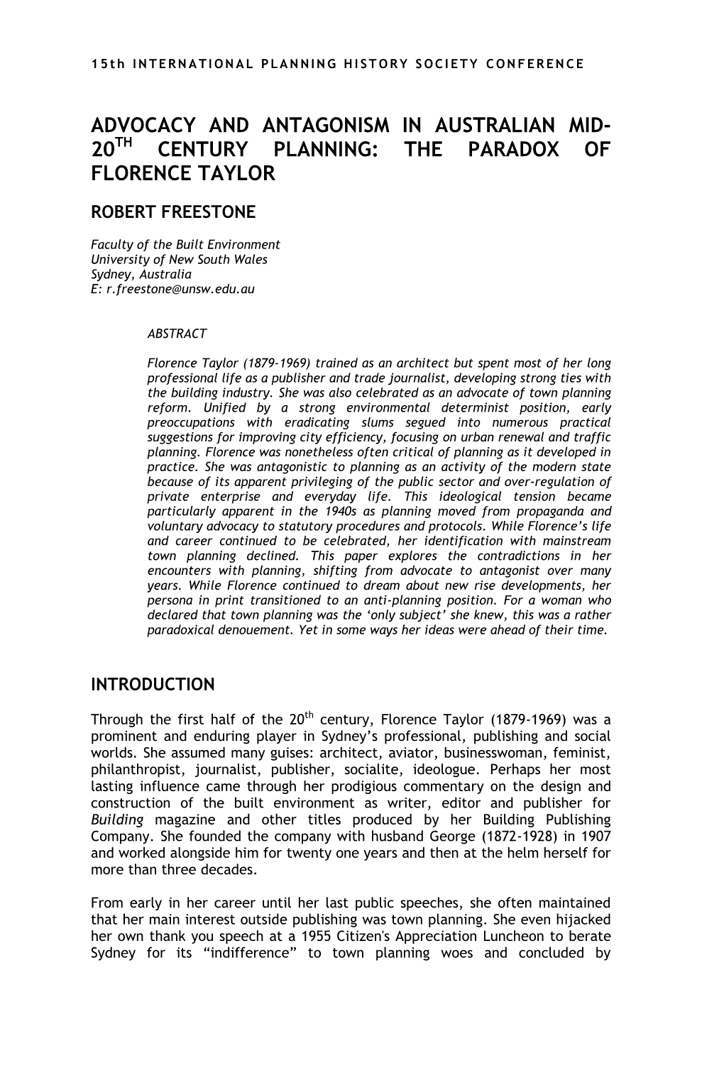 Advocacy and Antagonism in Australian Mid- 20Th Century Planning: the Paradox of Florence Taylor