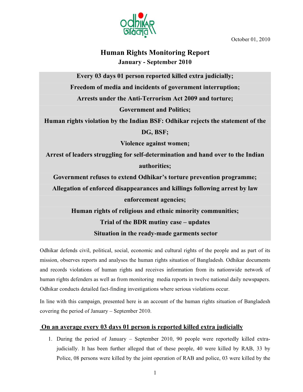 Human Rights Monitoring Report January - September 2010