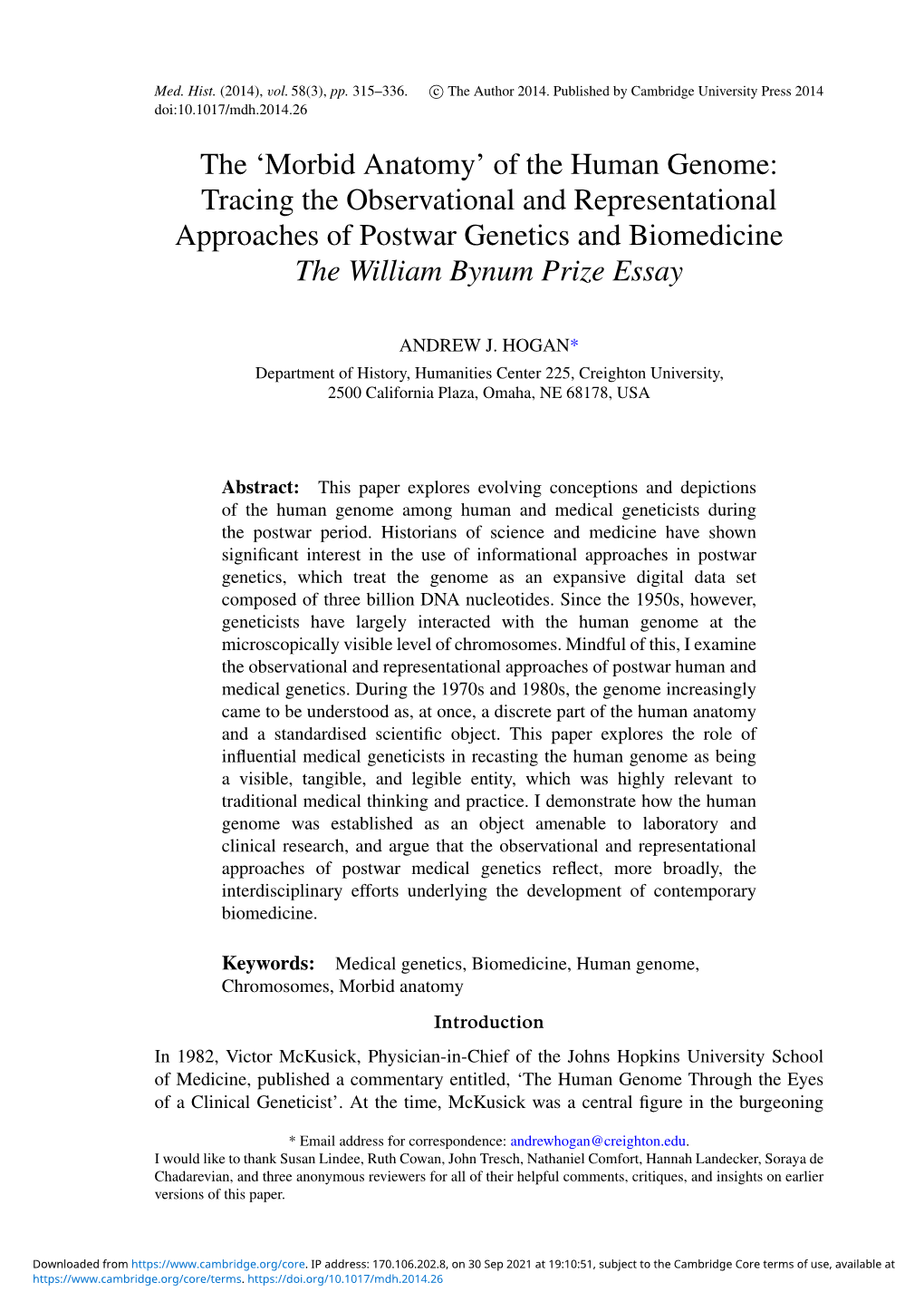 Of the Human Genome: Tracing the Observational and Representational Approaches of Postwar Genetics and Biomedicine the William Bynum Prize Essay