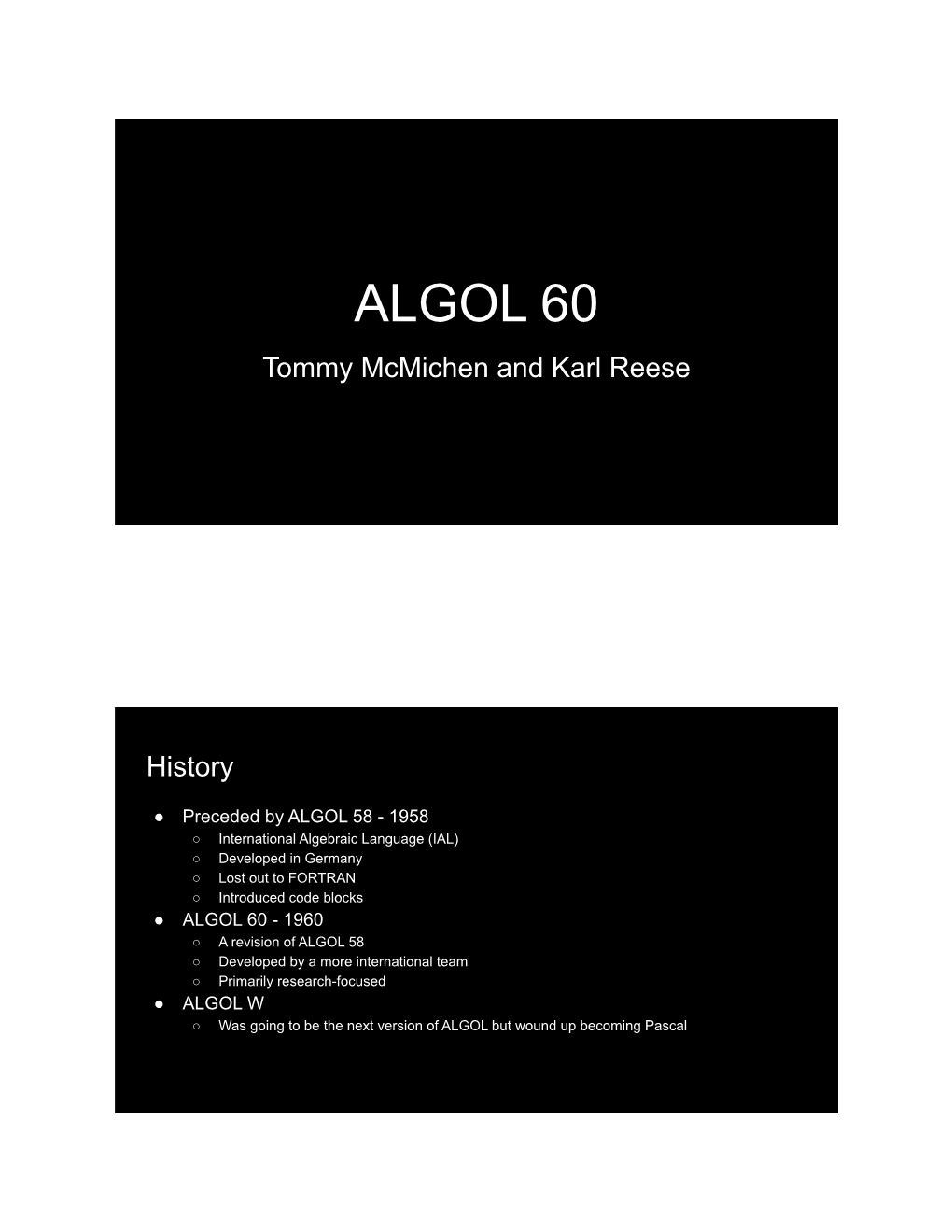 ALGOL 60 Tommy Mcmichen and Karl Reese