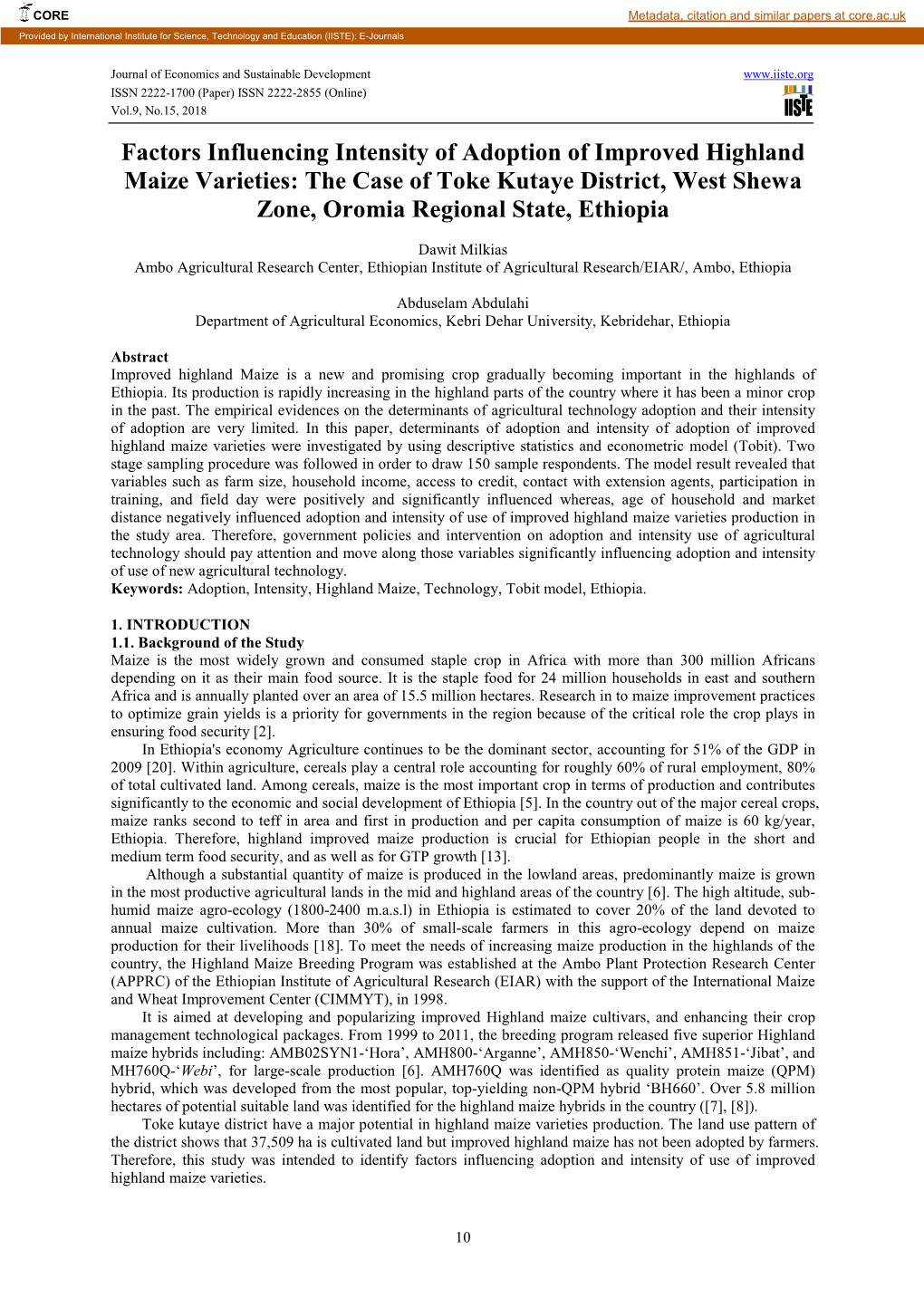 Factors Influencing Intensity of Adoption of Improved Highland Maize Varieties: the Case of Toke Kutaye District, West Shewa Zone, Oromia Regional State, Ethiopia