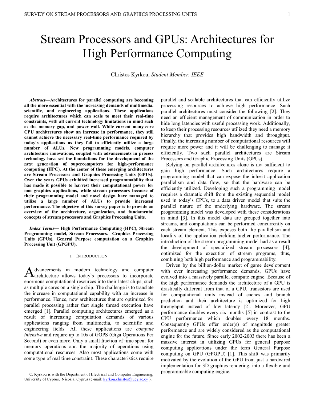 Stream Processors and Gpus: Architectures for High Performance Computing