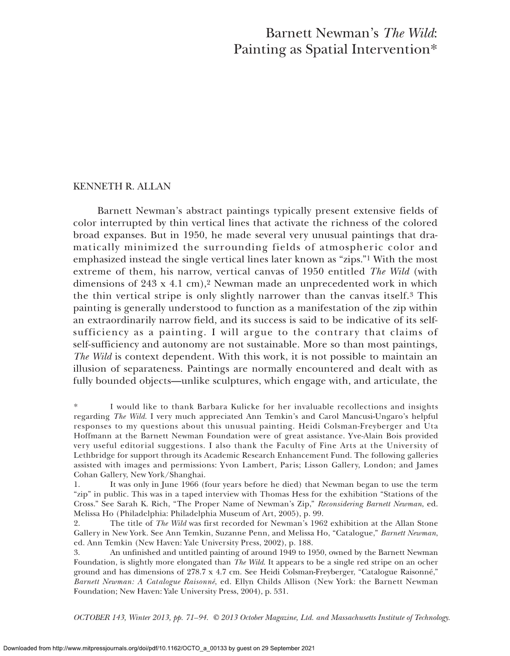 Barnett Newman's the Wild: Painting As Spatial Intervention*