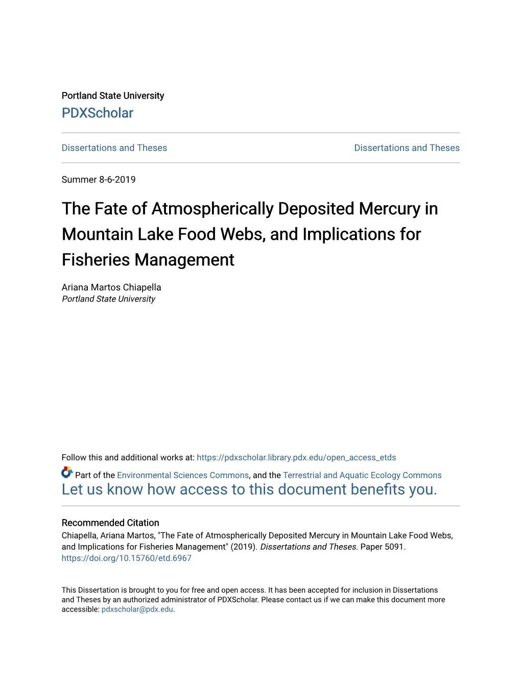 The Fate of Atmospherically Deposited Mercury in Mountain Lake Food Webs, and Implications for Fisheries Management