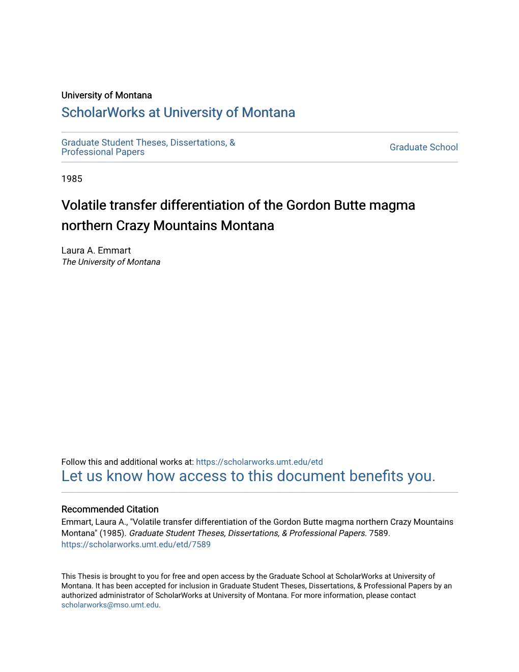 Volatile Transfer Differentiation of the Gordon Butte Magma Northern Crazy Mountains Montana