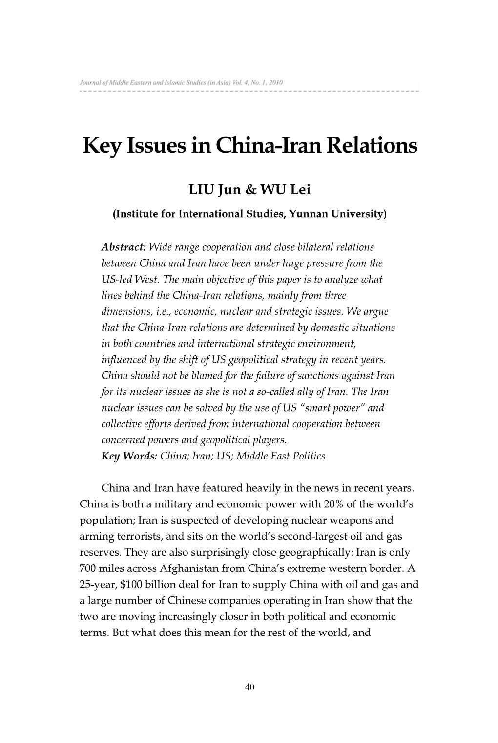 Key Issues in China-Iran Relations