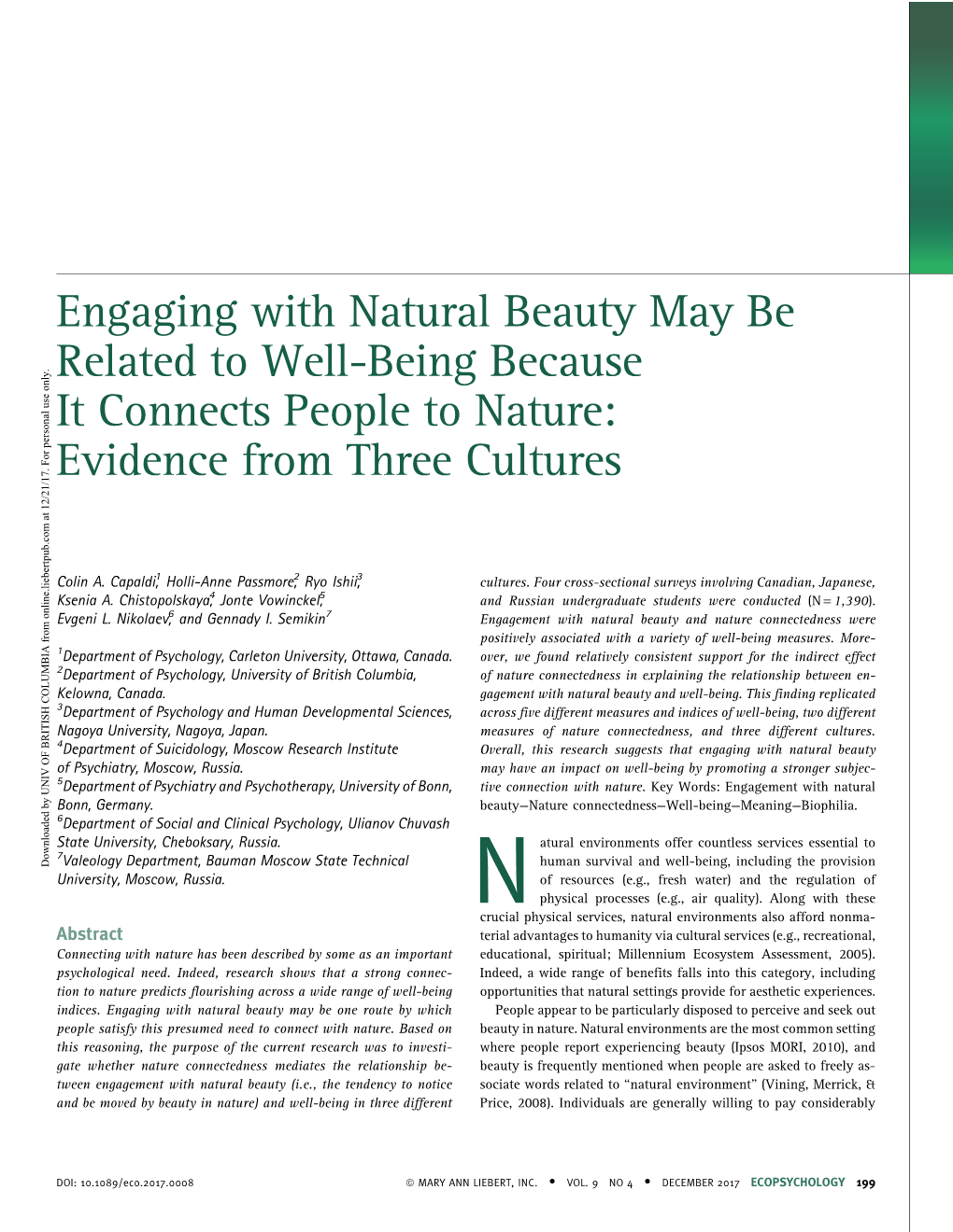 Engaging with Natural Beauty May Be Related to Well-Being Because It Connects People to Nature: Evidence from Three Cultures