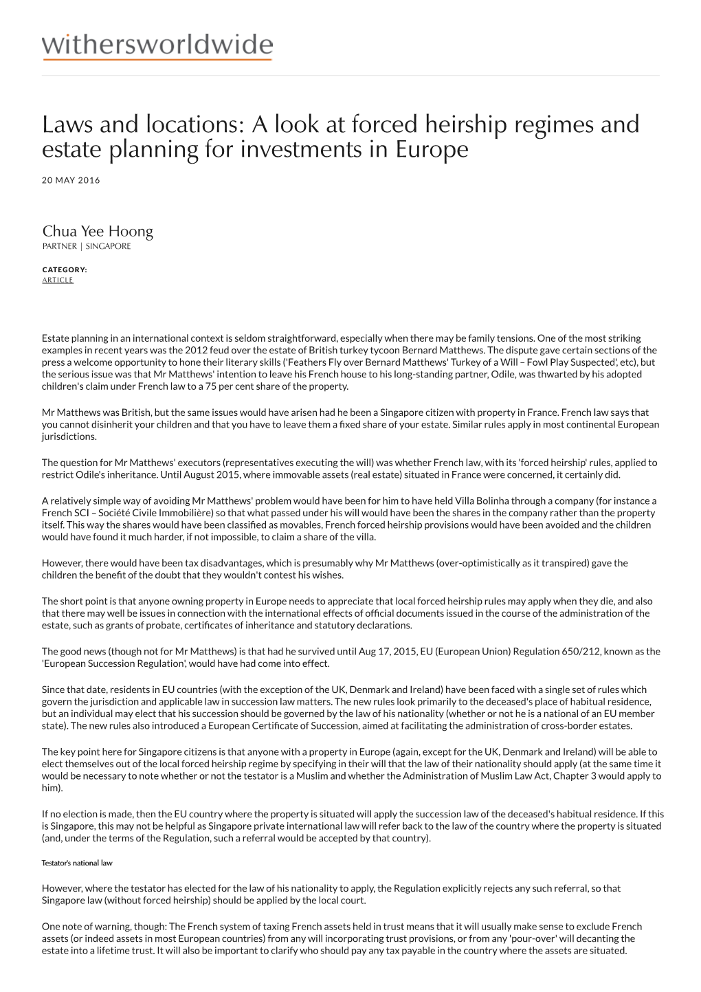 Laws and Locations: a Look at Forced Heirship Regimes and Estate Planning for Investments in Europe