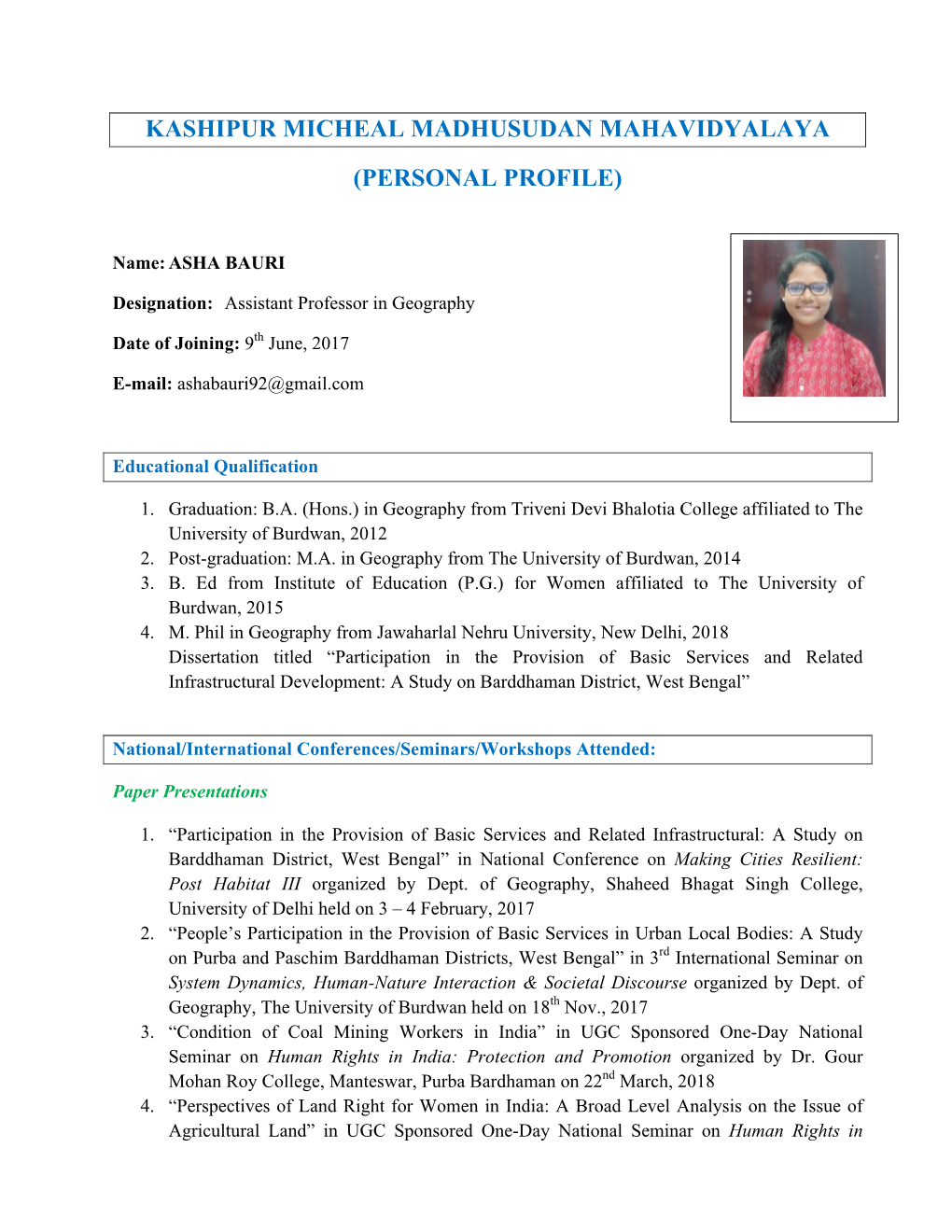 Kashipur Micheal Madhusudan Mahavidyalaya (Personal Profile)