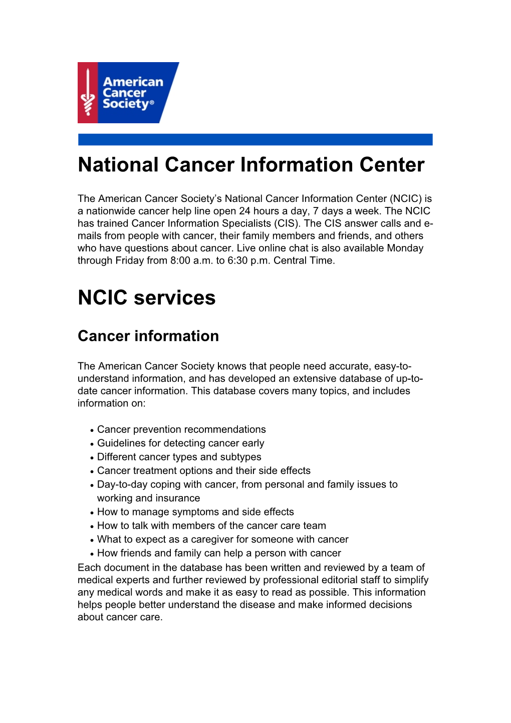 National Cancer Information Center NCIC Services