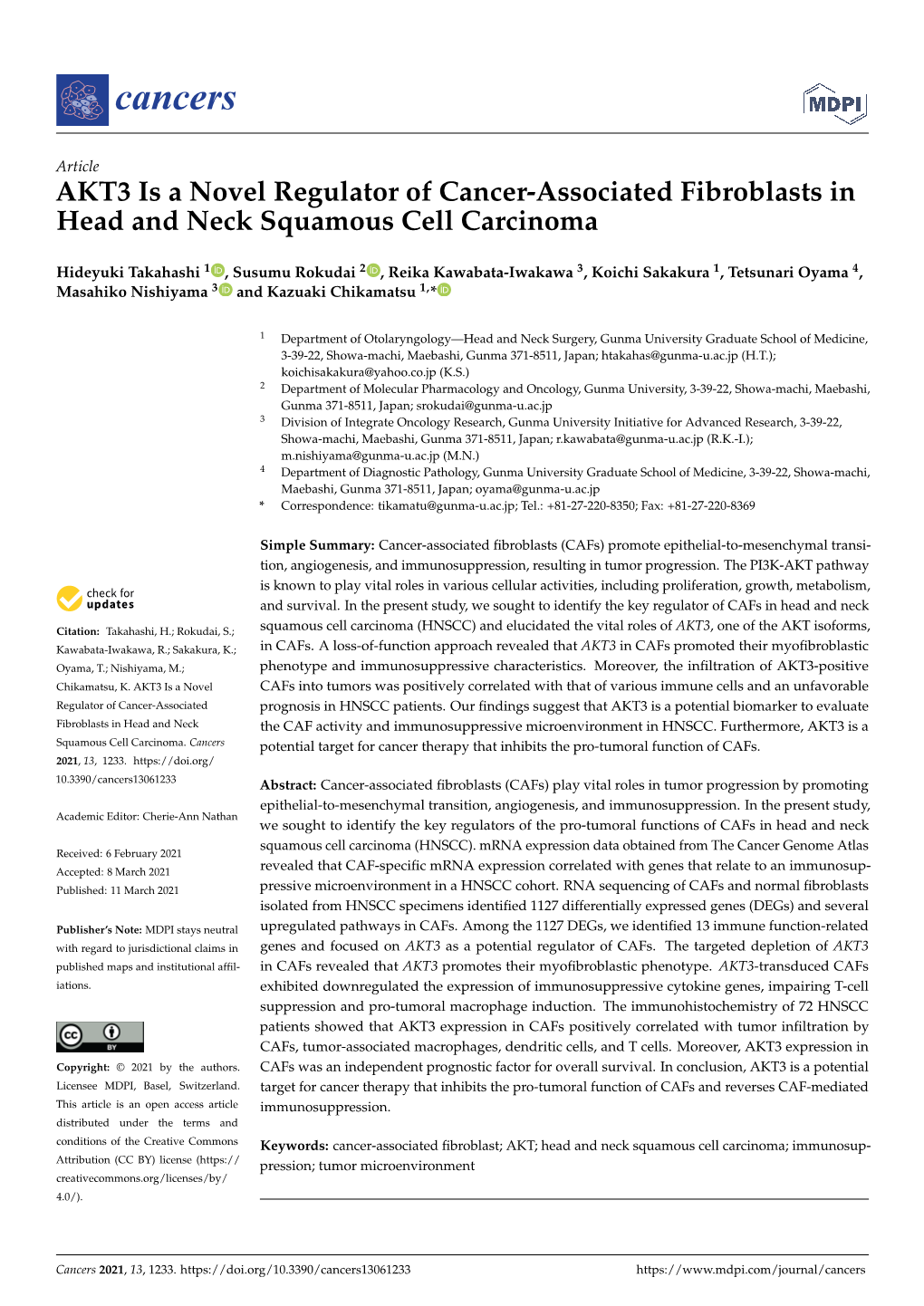 AKT3 Is a Novel Regulator of Cancer-Associated Fibroblasts in Head and Neck Squamous Cell Carcinoma