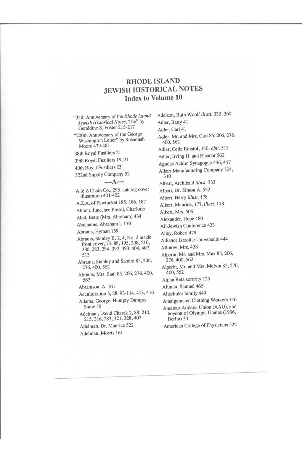 RHODE ISLAND JEWISH HISTORICAL NOTES Index to Volume 10