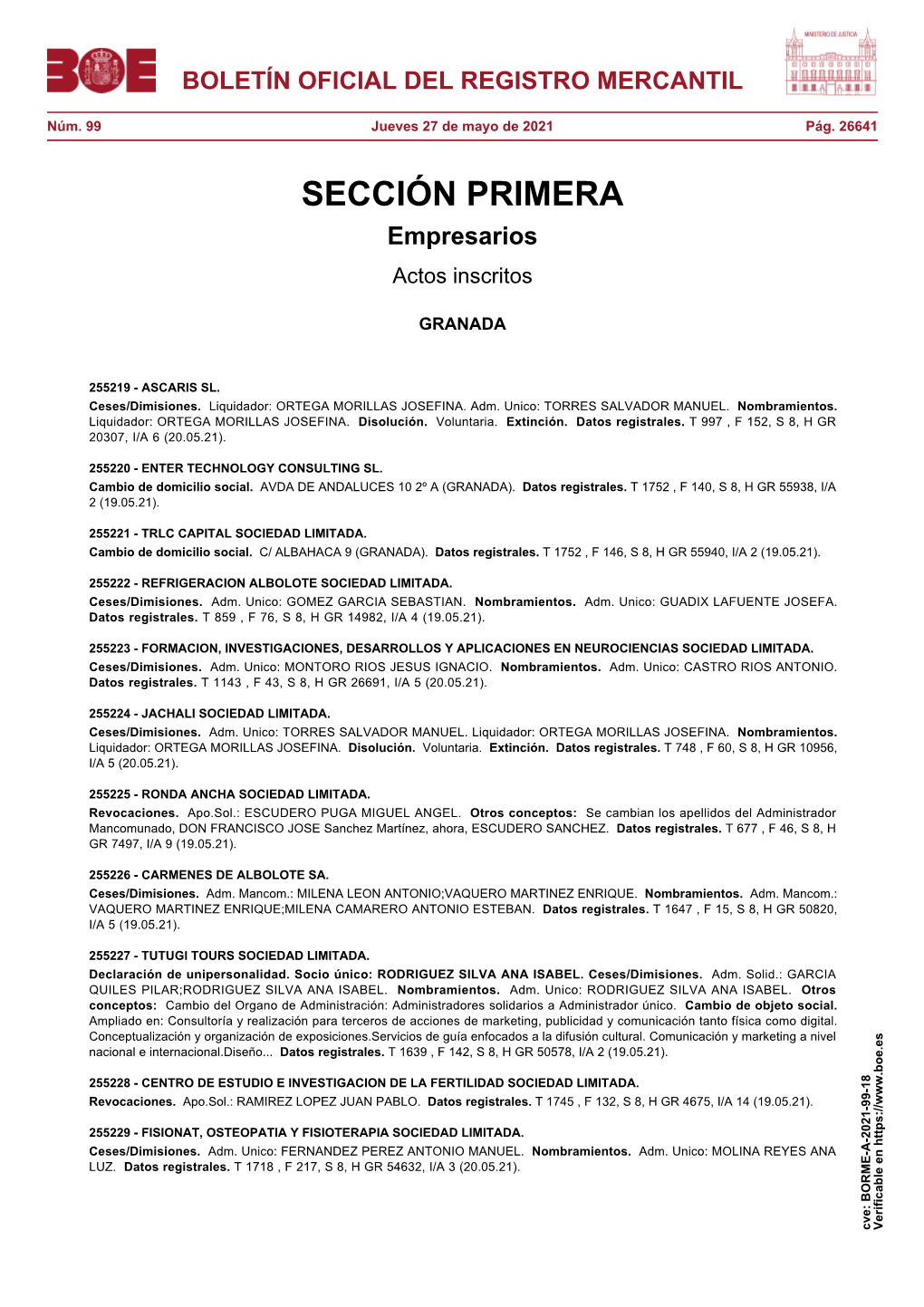 Actos De GRANADA Del BORME Núm. 99 De 2021