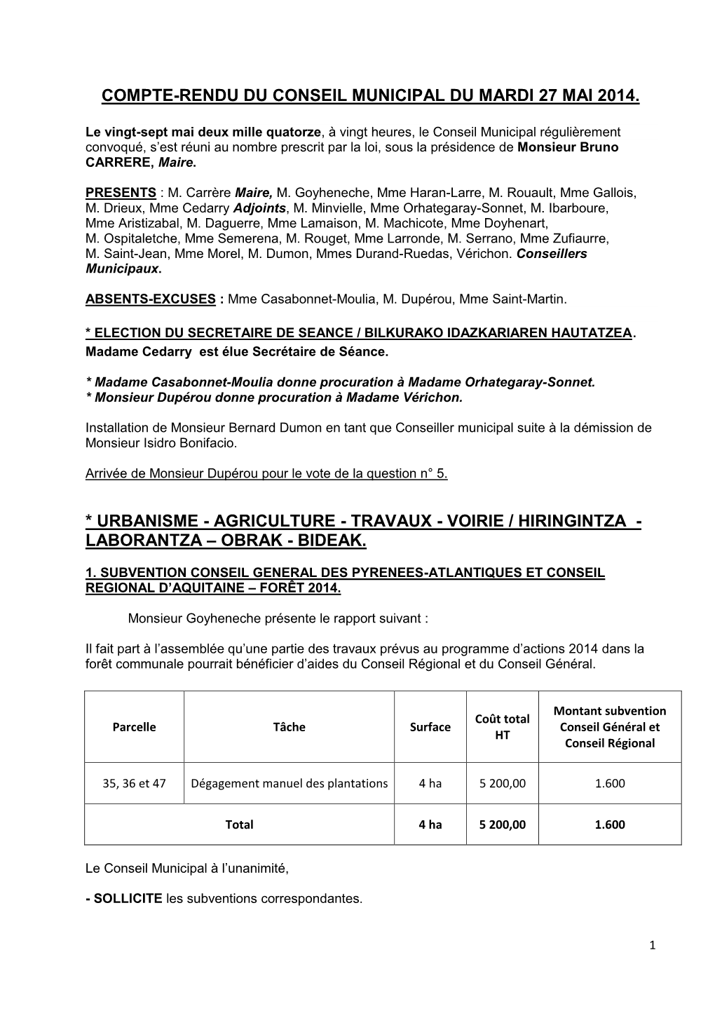 Compte-Rendu Du Conseil Municipal Du Mardi 27 Mai 2014