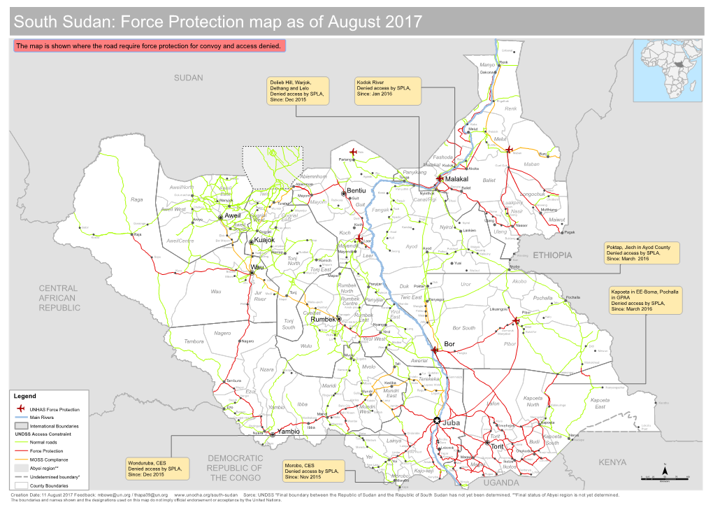 South Sudan: Force Protection Map As of August 2017 White Nile Sennar