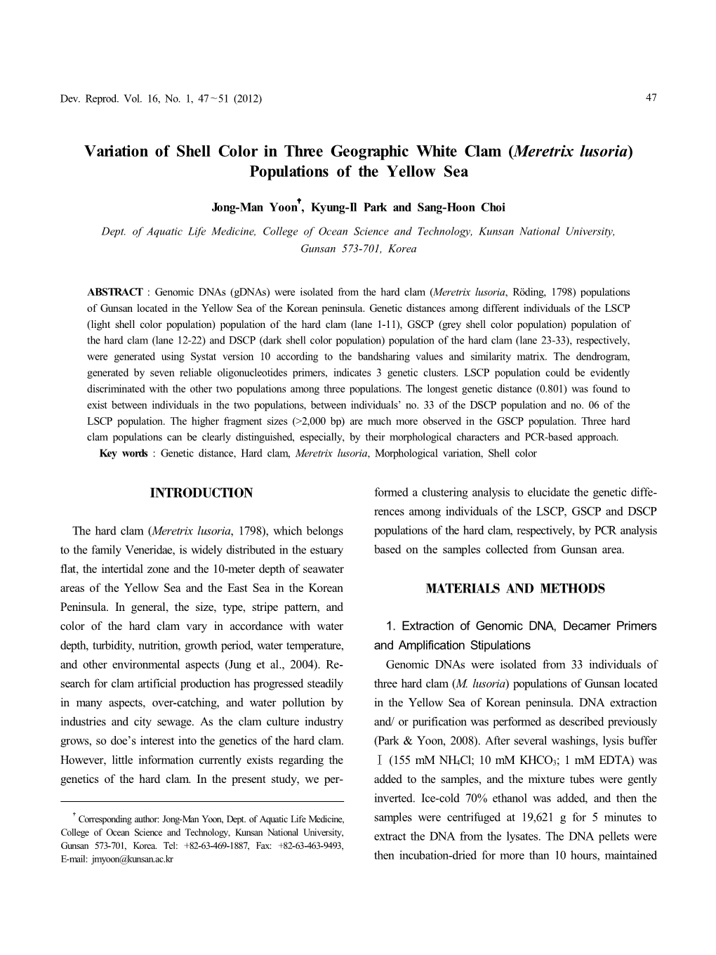 Variation of Shell Color in Three Geographic White Clam ( Meretrix Lusoria )